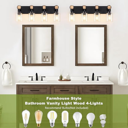 4-Lights Farmhouse Vanity Lights for Bathroom, Matte Black Bathroom Light Fixtures with Clear Glass Shade, Rustic Wood Wall Lighting Fixtures Over Mirror for Bedroom, Living Room, Hallway