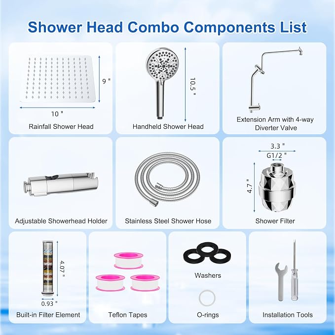 Metal 10" Filtered Rainfall Showerhead Combo, Easy Reach, Chrome | 4-Way Diverter with Pause Mode, High Pressure Shower Head with 10-Spray Handheld, 71" Hose/12" Extension Arm/Holder