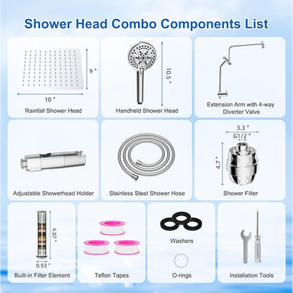 Metal 10" Filtered Rainfall Showerhead Combo, Easy Reach, Chrome | 4-Way Diverter with Pause Mode, High Pressure Shower Head with 10-Spray Handheld, 71" Hose/12" Extension Arm/Holder