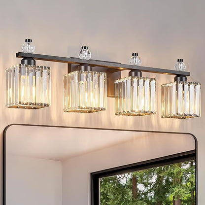 Vanity Lights 4-Light Modern Crystal Vanity Light Sand Black Bathroom Light Fixtures Over Mirror Crystal Bathroom Vanity Lighting Fixtures