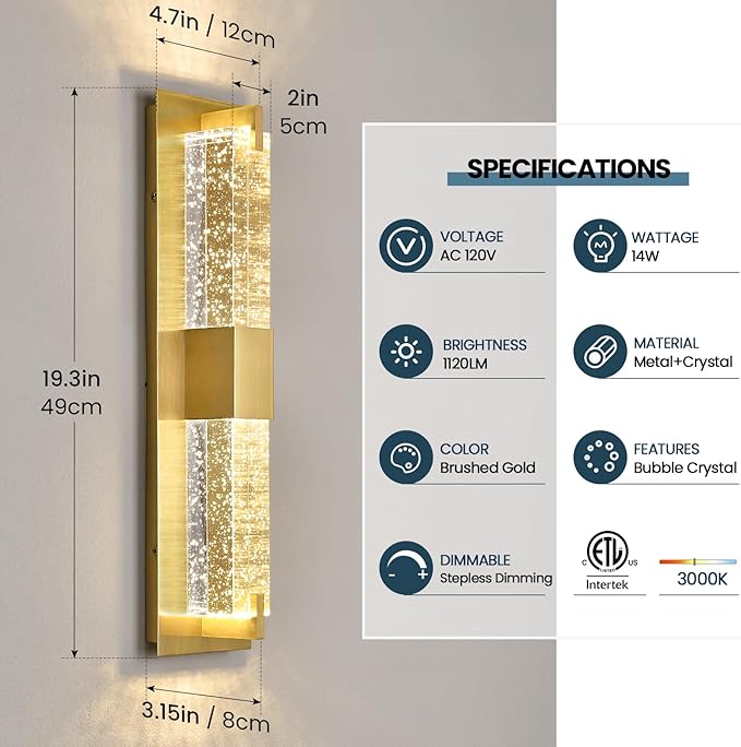 WOSHITU LED Wall Sconce Light: 19 Inch Gold Modern Sconces Wall Lighting 3000K Dimmable Crystal Wall Lamps Indoor Bathroom Sconce Wall Mount Light Fixtures for Living Room/Bedroom/Hallway