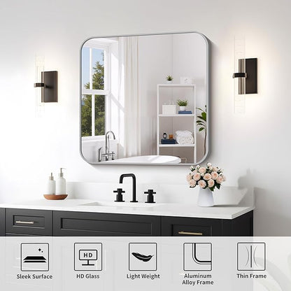 FORBATH 30x30 Inch Silver Bathroom Mirror for Over Sink, Large Square Wall Mirror with Metal Frame, Rounded Corners for Bathroom, Bedroom, Entryway Decor (Horizontal or Vertical)