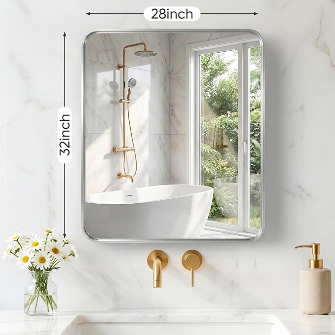 Sweetcrispy Bathroom Mirror 32x28 Inch, Vanity Mirror for Wall | Metal Framed Rounded Rectangle, Over Sink, Farmhouse, Restroom, Anti-Rust, Horizontal or Vertical Hanging, Silver