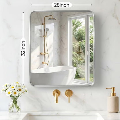 Sweetcrispy Bathroom Mirror 32x28 Inch, Vanity Mirror for Wall | Metal Framed Rounded Rectangle, Over Sink, Farmhouse, Restroom, Anti-Rust, Horizontal or Vertical Hanging, Silver