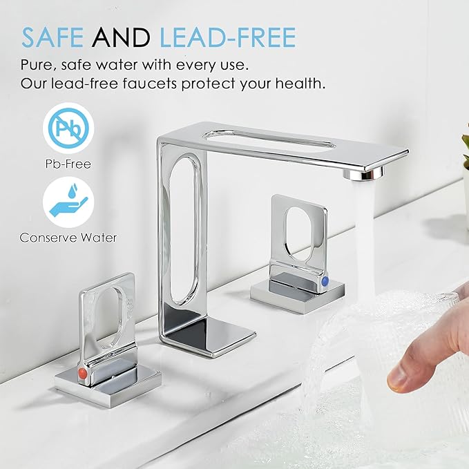 BAKALA Chrome Bathroom Faucet 3 Hole, 8 inch Widespread Bathroom Sink Faucet, 2-Handle Modern Vanity Faucet with Water Supply Lines, Hollowed Design