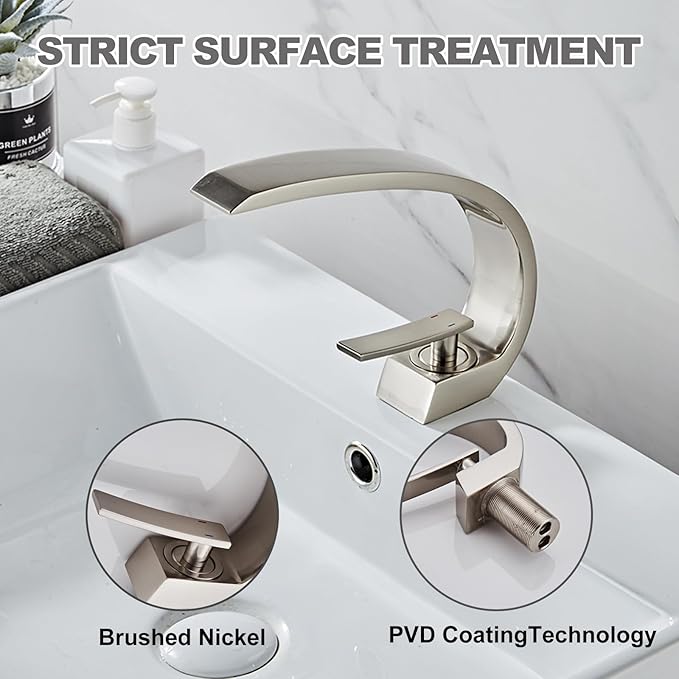 Wovier Brushed Nickel Bathroom Sink Faucet,Unique Design Single Handle Single Hole Brass Lavatory Vanity Faucet,Basin Mixer Tap with Supply Hose and Pop Up Drain Assembly