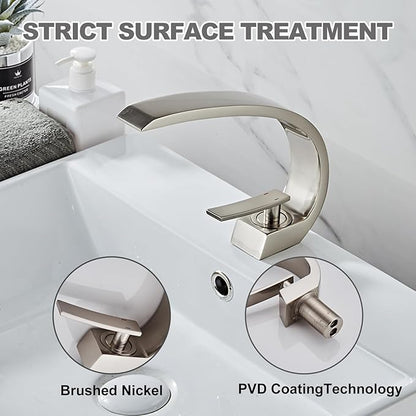 Wovier Brushed Nickel Bathroom Sink Faucet,Unique Design Single Handle Single Hole Brass Lavatory Vanity Faucet,Basin Mixer Tap with Supply Hose and Pop Up Drain Assembly