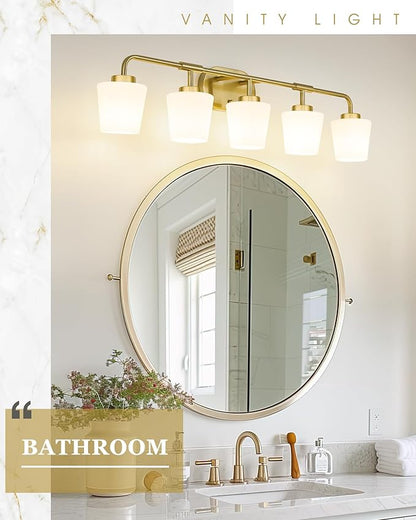 Bathroom Light Fixtures Over Mirror, 5-Light Brushed Gold Vanity Lighting Fixtures with Milk White Glass, 38inch Farmhouse Champagne Bronze Wall Sconces Lighting, AD-22004-5W-GD