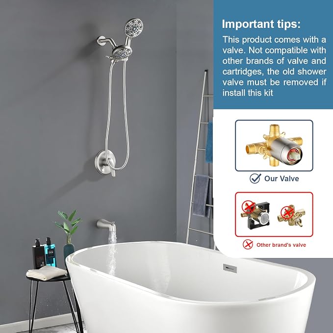 Tub and Shower Faucet Set Complete Dual Shower Head and Handheld 2 in 1 Combo Set Shower System with Tub Spout Tub and Shower Trim Kit Brushed Nickel
