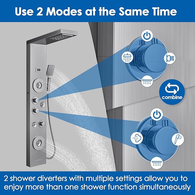 ROVOGO Shower Panel with Rainfall, Waterfall Shower Head, 2-Type Body Jets, Handheld and Tub Spout, Shower Tower System with Led Lights and Temperature Display, 304 Stainless Steel Brushed