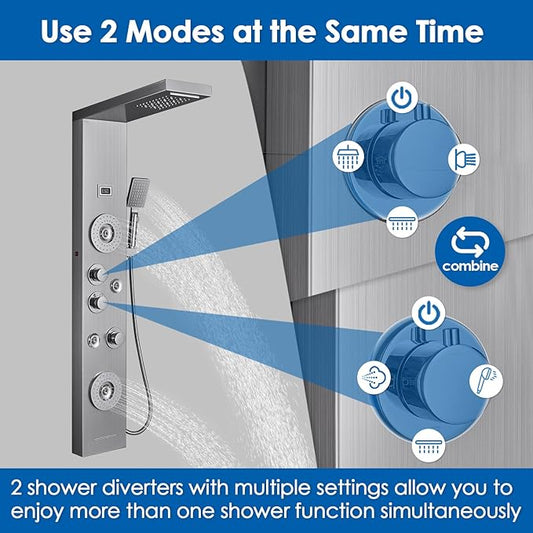 ROVOGO Shower Panel with Rainfall, Waterfall Shower Head, 2-Type Body Jets, Handheld and Tub Spout, Shower Tower System with Led Lights and Temperature Display, 304 Stainless Steel Brushed