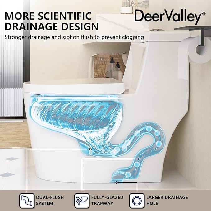 One Piece Toilet DeerValley 10" Rough-In Toilet for Bathroom 1.1/1.6 GPF Dual Flush Standard Bathroom Toilet with Soft-Closing and Quick-Release Seat DV-1F52816R