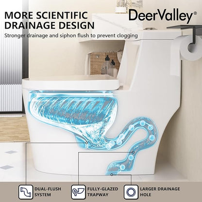 One Piece Toilet DeerValley 10" Rough-In Toilet for Bathroom 1.1/1.6 GPF Dual Flush Standard Bathroom Toilet with Soft-Closing and Quick-Release Seat DV-1F52816R