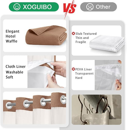 No Hook Shower Curtain and Liner Set,Mocha Brown Hotel Waffle Shower Curtain with Liner 75" L x 72" W