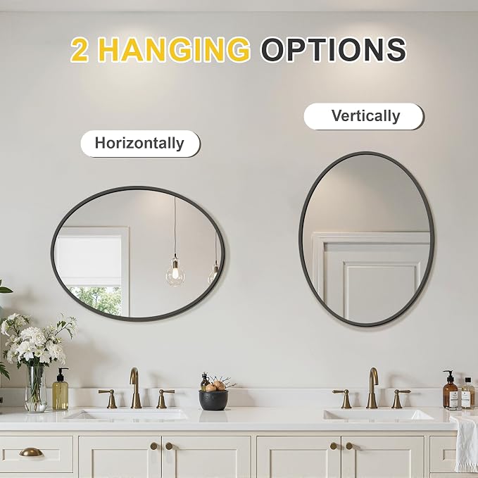 Black Oval Bathroom Mirror for Wall, 22"x28" Bathroom Vanity Mirror | HD Shatterproof Glass, Metal Framed, Oval Vanity Mirrors for Bathroom, Bedroom, Living Room, Entryway, Horizontal or Vertical