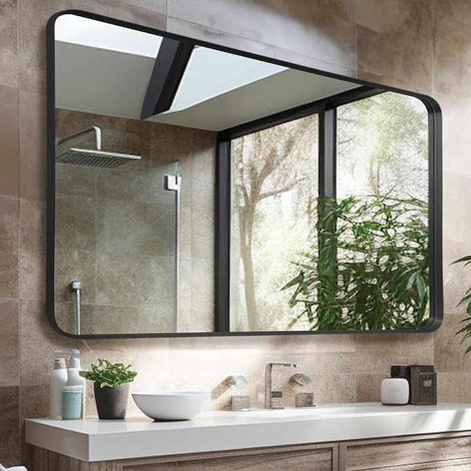 Anpark Wall Mirror 30" x 48" for Bathroom Black Metal Deep Frame Mirror for Wall Decorative Rectangular Round Corner Wall Mounted Vanity Mirror for Bedroom Living Room Entryway Wall Decor