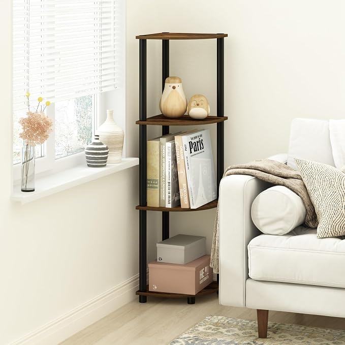 Furinno Turn-N-Tube Toolless Assembly 4-Tier Corner Shelf, Rustic Brown Corner Book Shelf, Open Shelves Bookshelf, for Organization and Storage, Living Room, Home Office, Bedroom, Amber Oak