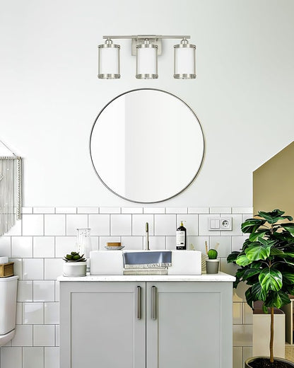 3-Light Brushed Nickel Bathroom Light Fixtures with Milk Frosted Glass, 21" Modern Bathroom Vanity Lighting Fixtures Over Mirror with Metal Cage, Wall Sconce Lights for Bath, E26, OS-3014BNW-3W