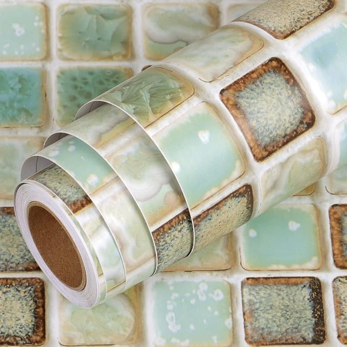 Livelynine 24 X 394inch Waterproof Green Peel and Stick Wallpaper for Bathroom Wall Paper Decor Mosaic Green Contact Paper for Countertop Desk Walls Bedroom Removable Self Adhesive Kitchen Vinyl Wrap
