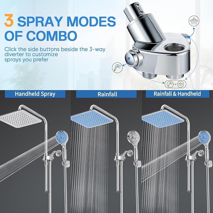 High Pressure Rain Shower Head Combo: Upgrade Dual Shower Head,10" Fixed Rainfall Showerhead,7 Spray Handheld Shower Heads,Adjustable Bar(Up to 13.4"),71" Hose,Tall People Friendly,Chrome