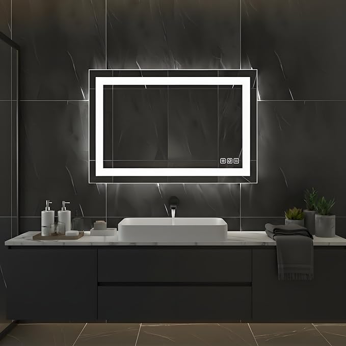 36x28inches Rectangle LED Mirror, Smart Bathroom Mirror with Lights, Anti-Fog, Tempered Glass, 3 Colors Dimmable, Front and Backlit, CRI 90+, Wall Mounted, Memory