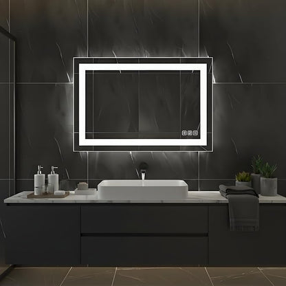 36x28inches Rectangle LED Mirror, Smart Bathroom Mirror with Lights, Anti-Fog, Tempered Glass, 3 Colors Dimmable, Front and Backlit, CRI 90+, Wall Mounted, Memory