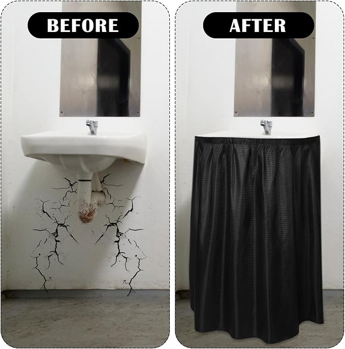 Fabric Sink Skirt Diamond Bathroom Stitch Self Stick Adhesive Waterproof Fabric Under Sink Curtain Skirt 55 x 32 Inch Adds Bathroom Storage(Black,Classic Style)