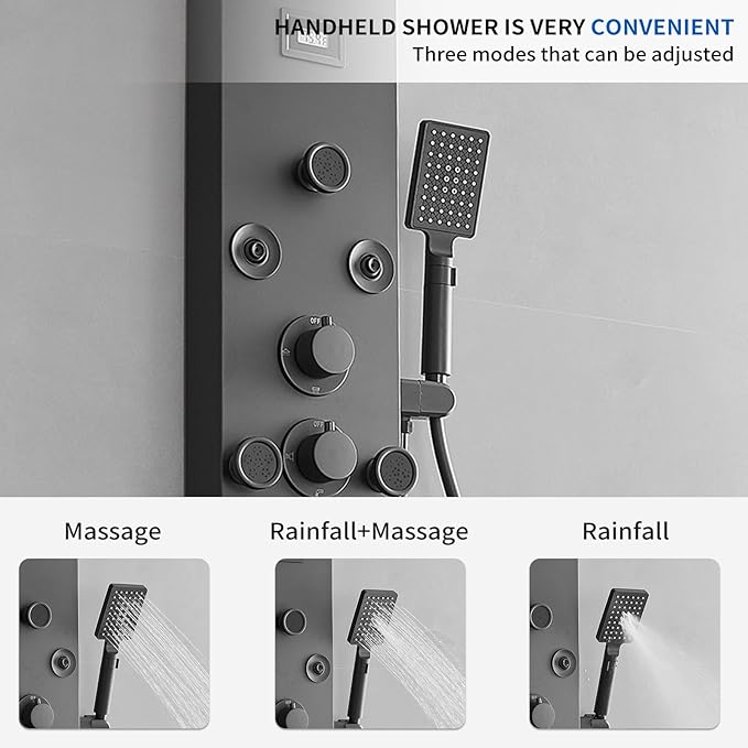 Shower Panel, Shower Tower, Bathroom Shower Panel Tower System, 6 IN 1 Shower Functions, Stainless Steel Wall Mounted, Black