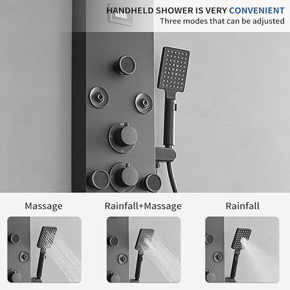 Shower Panel, Shower Tower, Bathroom Shower Panel Tower System, 6 IN 1 Shower Functions, Stainless Steel Wall Mounted, Black