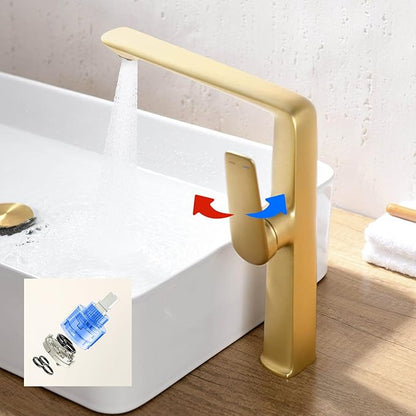 BiaoTeng Brushed Gold Bathroom Faucets Single Handle High 2 Function Hot and Cold Brass Single Hole Bathroom Faucet 1 Hole