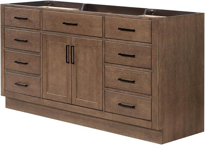 ARIEL Hepburn 66-inch Bathroom Vanity Base Cabinet,Solid Wood, 2 Soft Closing Doors, 9 Dovetail Drawers, Brown Oak