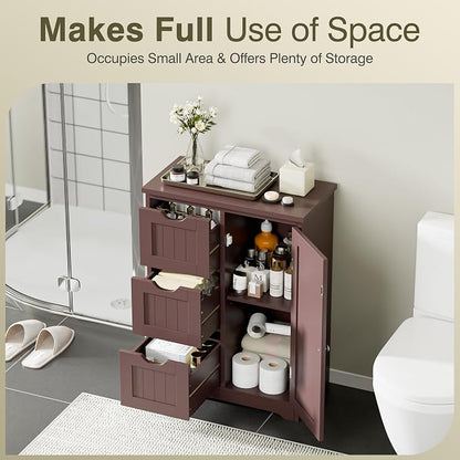 SUPER DEAL Bathroom Storage Cabinet with 3 Drawers and 1 Door, Entryway Home Decor Furniture Towels Storage Organizer Unit, Brown, 23.6" L x 11.8" W x 31.4" H