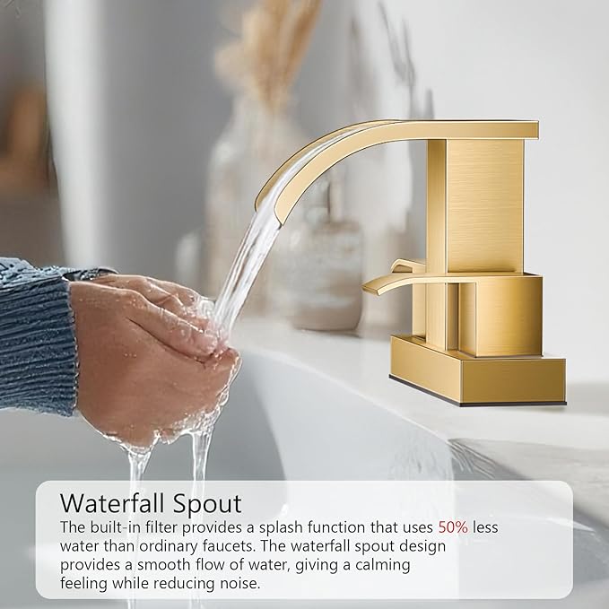 gotonovo Waterfall 4 Inch Centerset Bathroom Sink Faucet 2 Handle Basin Faucets 2 or 3 Hole Deck Mount with Pop Up Drain Included Lavatory Modern Mixer Tap Vanity Faucet Brushed Gold