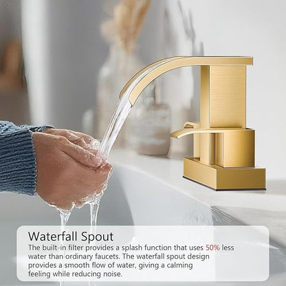gotonovo Waterfall 4 Inch Centerset Bathroom Sink Faucet 2 Handle Basin Faucets 2 or 3 Hole Deck Mount with Pop Up Drain Included Lavatory Modern Mixer Tap Vanity Faucet Brushed Gold