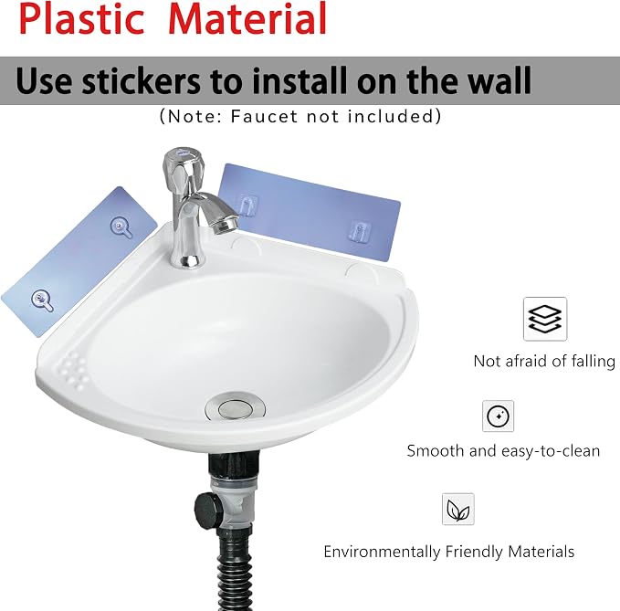 Small Bathroom Sink Wall Mount Bathroom Corner Sink, Triangular wash basin No-Drill Installation Self-Adhesive 12 x 12 Inch with 1.26 Inch Faucet Hole, Mini Rv sink Plastic Sink for Home, Dorm, Garage