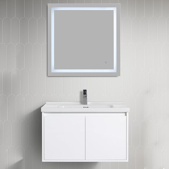 Blossom 32 Inch Wall Mounted Bathroom Vanity with Sink | Floating Wood Vanity Cabinet | Modern Soft-Close Doors & Storage | Ceramic Basin | Space-Saving Design (Glossy White, 32'' Ceramic Sink)