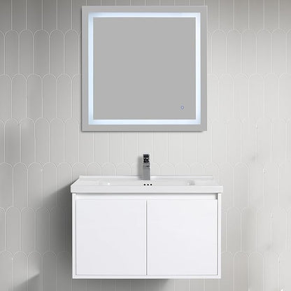 Blossom 32 Inch Wall Mounted Bathroom Vanity with Sink | Floating Wood Vanity Cabinet | Modern Soft-Close Doors & Storage | Ceramic Basin | Space-Saving Design (Glossy White, 32'' Ceramic Sink)