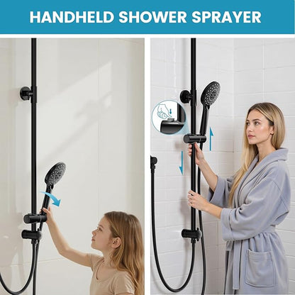 Hurran Shower System with 10 Inch Rain Shower Head and Handheld Sprayer, 3-Function Wall Mounted Bathroom Shower Faucet Set Height Adjustable Holder, Modern Shower Trim Kit Valve Included, Matte Black