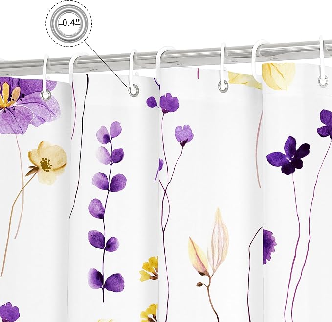 Purple Yellow Watercolor Floral Fabric Shower Curtain, 36x72 | Waterproof Fabric, Modern Minimalist Floral Print, Machine Washable, Rustproof Grommets, for Bath Home, Small Stall