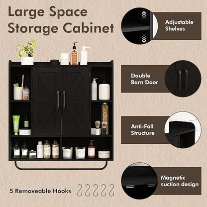 RUSTOWN Rustic Wood Wall Bathroom Cabinet, Farmhouse Medicine Cabinet Wall Mounted, Space Saving Wall Storage Cabinet with 2 Barn Door, 3-Tier Adjustable Shelves and Towel Bar (Black)