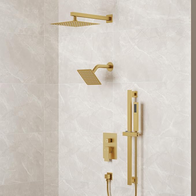 10" High-Pressure Rainfall Shower Faucet with Handheld Spray, Wall Mount Dual Shower Head System with Slide Bar (Brushed Gold)