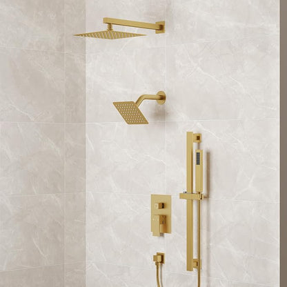 10" High-Pressure Rainfall Shower Faucet with Handheld Spray, Wall Mount Dual Shower Head System with Slide Bar (Brushed Gold)