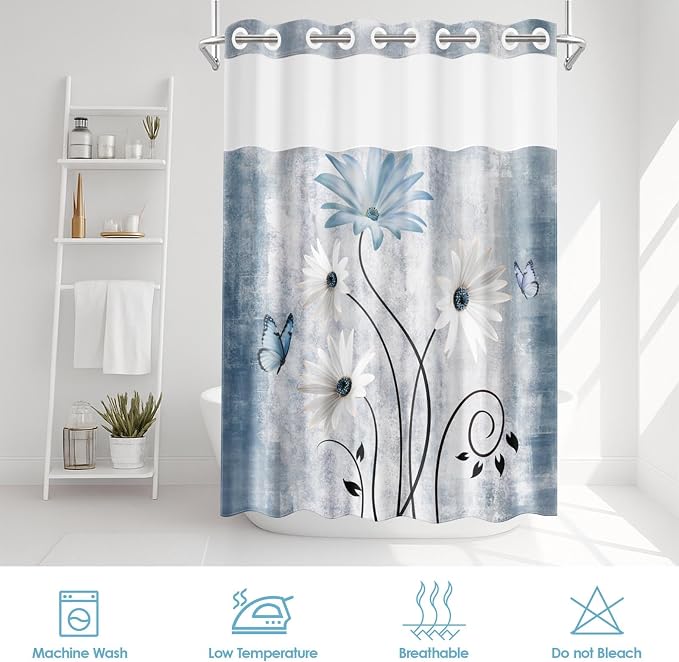 No Hook Shower Curtain with Snap in Liner 71x74 Inch Daisy Blue | Farmhouse Butterfly Wooden Modern Double Layers Waterproof Fabric with See Through Top Window Open Grommet Bath Curtain