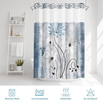 No Hook Shower Curtain with Snap in Liner 71x74 Inch Daisy Blue | Farmhouse Butterfly Wooden Modern Double Layers Waterproof Fabric with See Through Top Window Open Grommet Bath Curtain