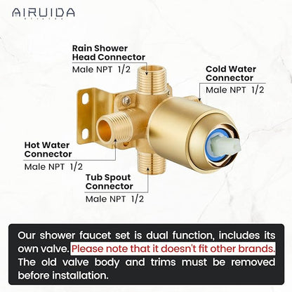 Airuida 12 Inch Brushed Gold Shower Faucet Set,Rainfall Shower System | Ceiling Shower Head,Male Thread Rough-in Valve,Ceiling Mount,Single Handle