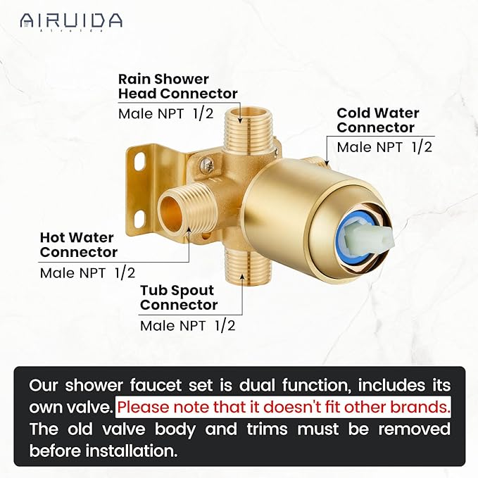 Airuida 10 Inch Brushed Gold Shower Faucet Set,Rainfall Shower System | Ceiling Shower Head,Male Thread Rough-in Valve,Ceiling Mount,Single Handle