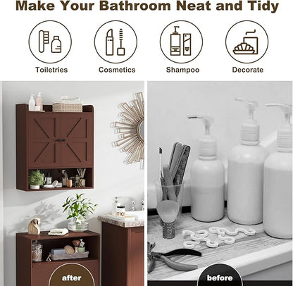 EasyCom 22" W x 26" H Bathroom Wall Cabinet, Farmhouse Medicine Cabinet with Adjustable Shelves and Double Barn Doors, Over The Toilet Storage Cabinet for Bathroom, Kitchen, Living Room, Russet