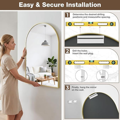 22"x30" Brushed Gold Arched Vanity Bathroom Mirror, Set of 2 | Aluminum Alloy Frame, Clear Reflection, Rust-Resistant, Vertical or Horizontal, Wall Mount, Bedroom and Entryway
