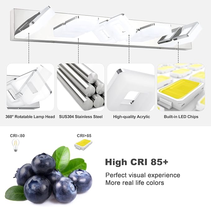 3 Colors Dimmable Bathroom Light Fixtures over Mirror LED Chrome Vanity Lighting Fixtures Acrylic Stainless Steel 5 Light Bathroom Vanity Light Fixtures, Adjustable 3000K/4000K/6000K, 360° Rotate