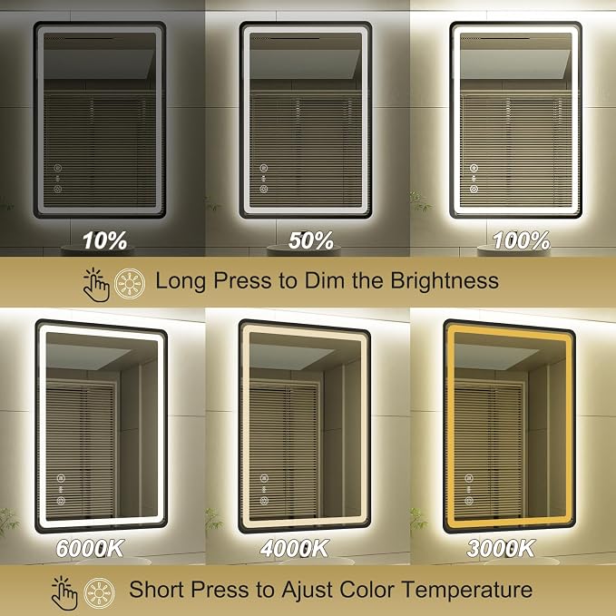 24x36 Inch LED Bathroom Mirror with Auto Sensor Lights, Black Framed Wall Bathroom Mirror, Backlit & Frontlit, Dimmable, Anti-Fog, 3 Colors, Memory Function, Smart Lighted Mirror for Vanity